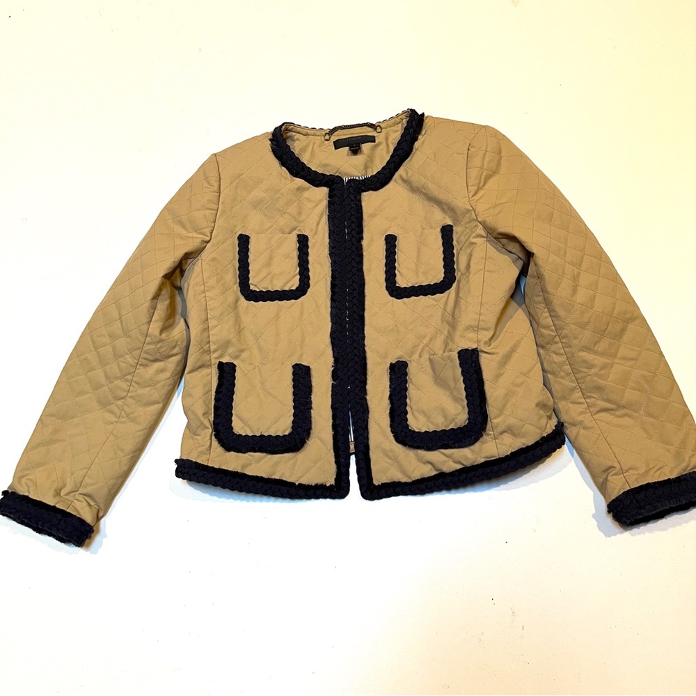 J Crew cropped Jacket. Sz S. Quilted tan w/ Navy braided trim